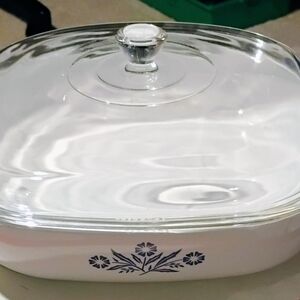 Corningware White Glass Dish with Blue Floral Design